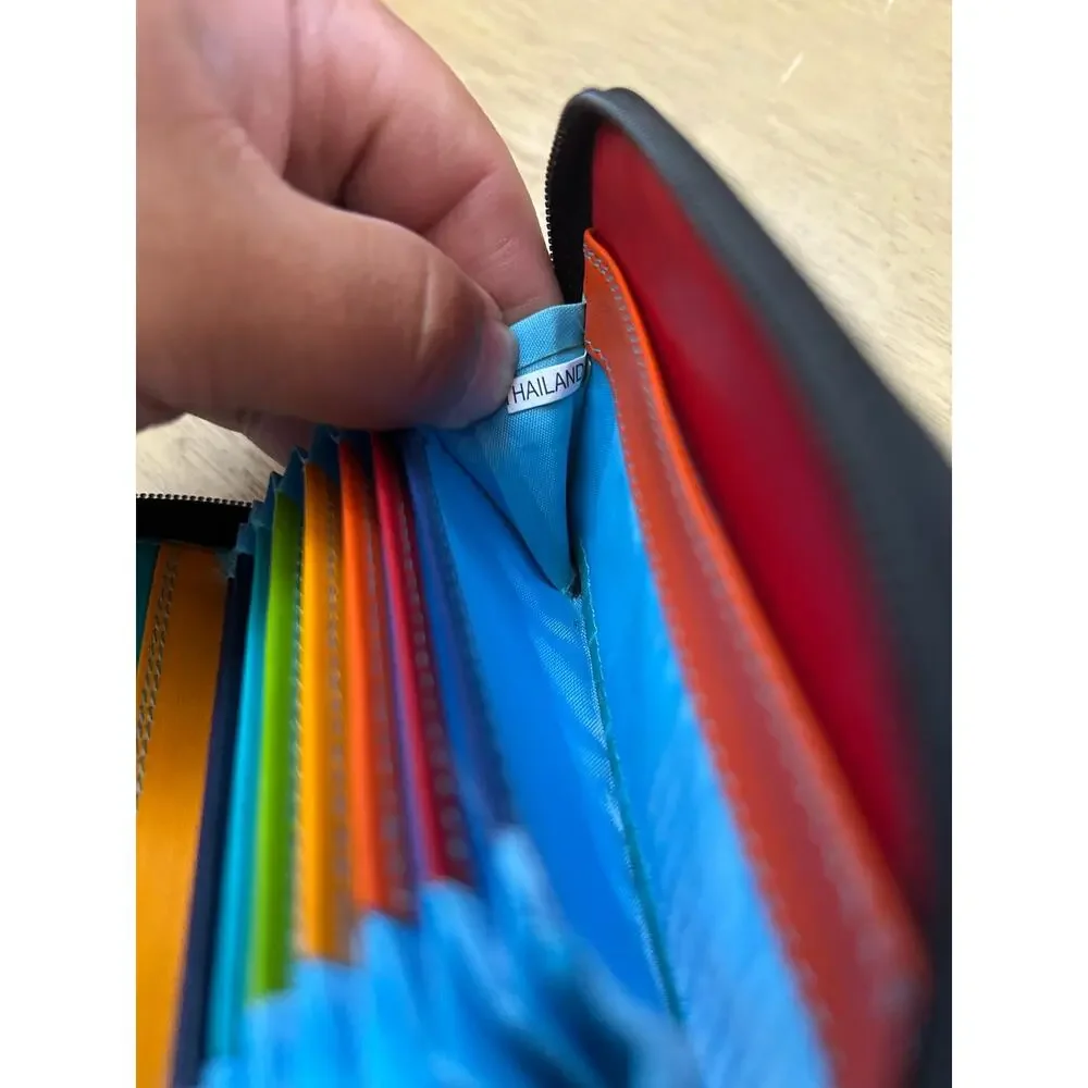Mywalit Black Leather Accordion Card Holder Wallet Multicolor Rainbow Zip